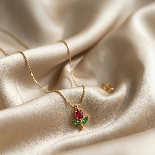 Tulip Red & Green Chain Necklace Pendant for Women & Girls